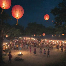 A Southeast Asian spring camp under a starlit night sky. Student stalls sell food and drinks, while children play tug-of-war and folk games. Amidst lanterns hung in the air, a person walks by, carrying a dragon.