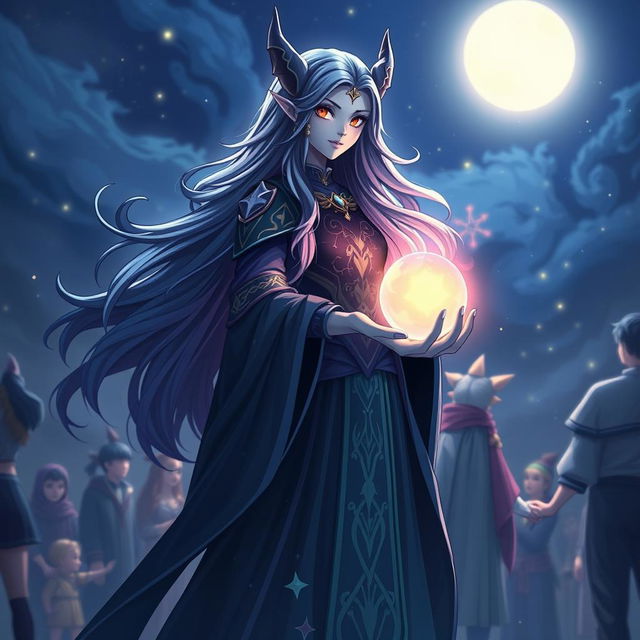 Sayuki, the night elf Pokémon strategist of the guild, captured in a mystical nocturnal setting