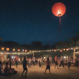 A Southeast Asian spring camp under a starlit night sky. Student stalls sell food and drinks, while children play tug-of-war and folk games. Amidst lanterns hung in the air, a person walks by, carrying a dragon.