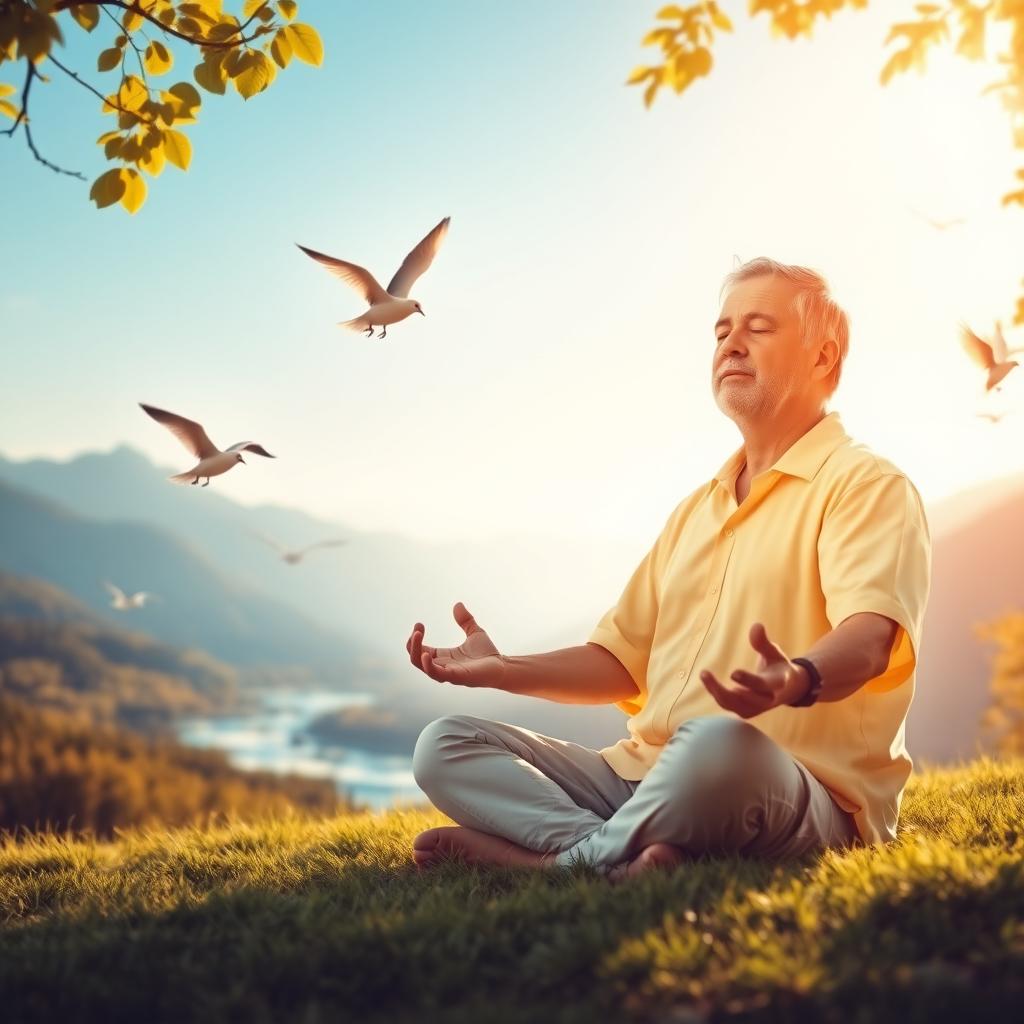 A serene and peaceful scene depicting a person meditating in a tranquil nature setting