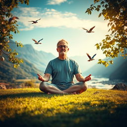 A serene and peaceful scene depicting a person meditating in a tranquil nature setting