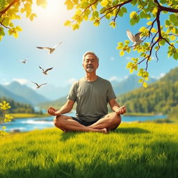 A serene and peaceful scene depicting a person meditating in a tranquil nature setting