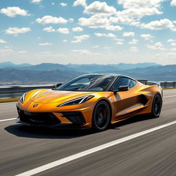 A captivating fusion of a Corvette C8 and a Tesla Model 3, featuring a stunning matte gold exterior