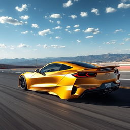 A captivating fusion of a Corvette C8 and a Tesla Model 3, featuring a stunning matte gold exterior