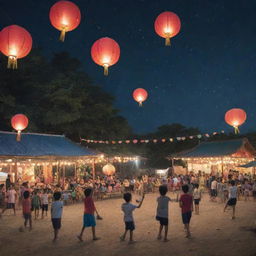 A Southeast Asian spring camp under a starlit night sky. Student stalls sell food and drinks, while children play tug-of-war and folk games. Amidst lanterns hung in the air, a person walks by, carrying a dragon.