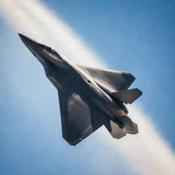 An F-22 Raptor, a state-of-the-art stealth fighter jet, soaring through a clear sky, its streamlined design catching the sunlight.