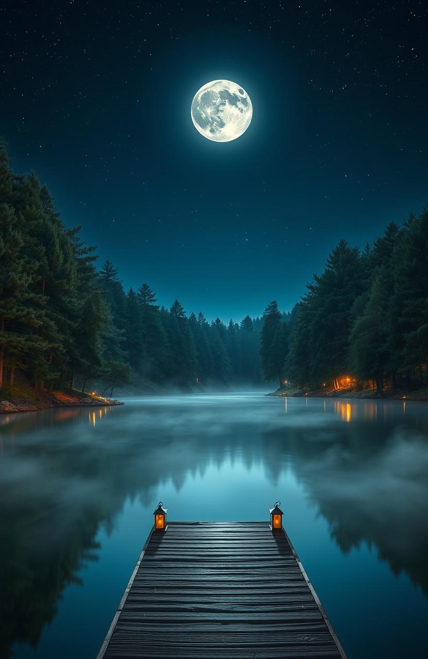 A serene nighttime scene featuring a tranquil lake surrounded by lush pine trees, with the full moon casting a silvery glow on the water