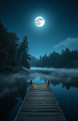 A serene nighttime scene featuring a tranquil lake surrounded by lush pine trees, with the full moon casting a silvery glow on the water