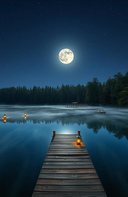 A serene nighttime scene featuring a tranquil lake surrounded by lush pine trees, with the full moon casting a silvery glow on the water