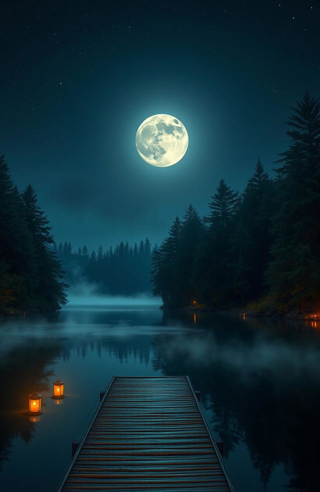 A serene nighttime scene featuring a tranquil lake surrounded by lush pine trees, with the full moon casting a silvery glow on the water