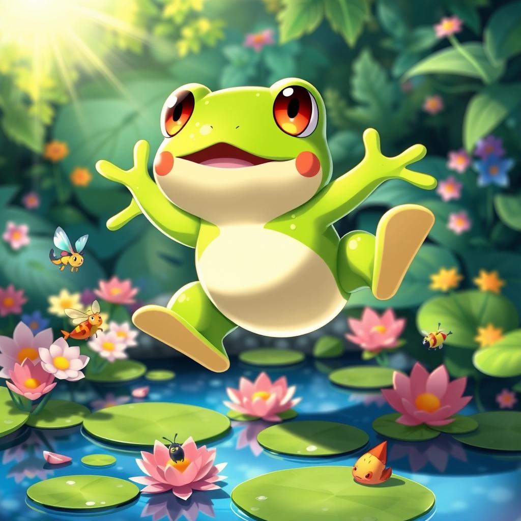 Kadichon, the altruistic frog Pokémon, portrayed in a vibrant, lush environment that reflects his kind nature