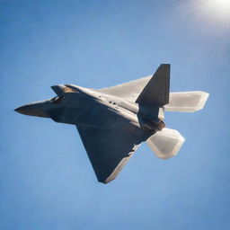 An F-22 Raptor, a state-of-the-art stealth fighter jet, soaring through a clear sky, its streamlined design catching the sunlight.