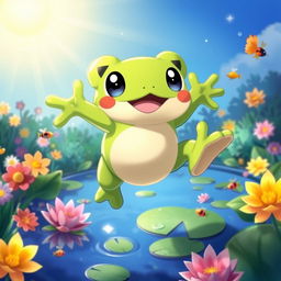 Kadichon, the altruistic frog Pokémon, portrayed in a vibrant, lush environment that reflects his kind nature