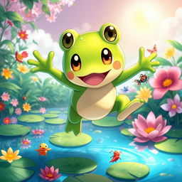 Kadichon, the altruistic frog Pokémon, portrayed in a vibrant, lush environment that reflects his kind nature