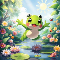 Kadichon, the altruistic frog Pokémon, portrayed in a vibrant, lush environment that reflects his kind nature