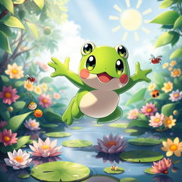 Kadichon, the altruistic frog Pokémon, portrayed in a vibrant, lush environment that reflects his kind nature