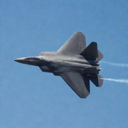 An F-22 Raptor, a state-of-the-art stealth fighter jet, soaring through a clear sky, its streamlined design catching the sunlight.