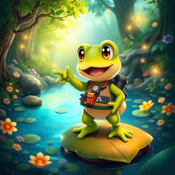 Kadichon, the altruistic frog Pokémon and guild strategist, depicted in a vibrant, enchanted forest setting