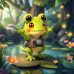 Kadichon, the altruistic frog Pokémon and guild strategist, depicted in a vibrant, enchanted forest setting