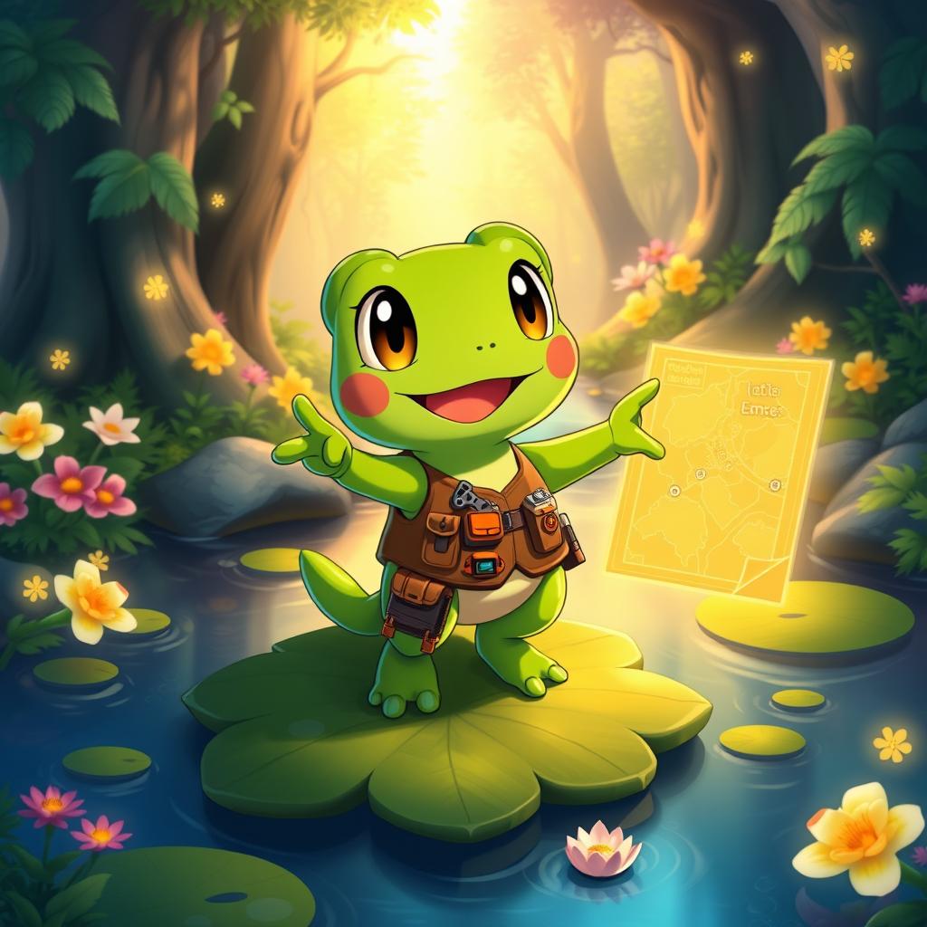 Kadichon, the altruistic frog Pokémon and guild strategist, depicted in a vibrant, enchanted forest setting