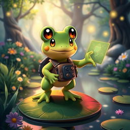 Kadichon, the altruistic frog Pokémon and guild strategist, depicted in a vibrant, enchanted forest setting