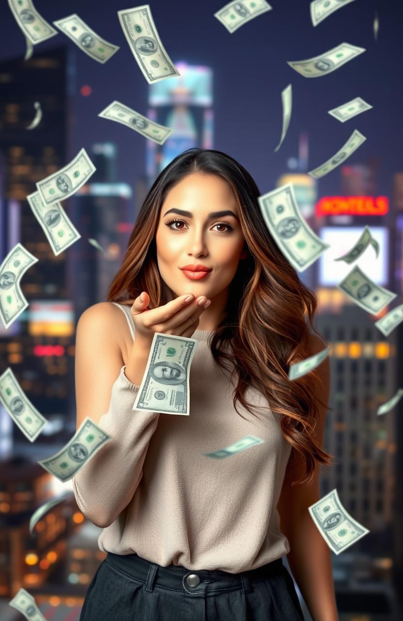 A beautiful young woman blowing a kiss with an enchanting smile, surrounded by floating dollar bills, symbolizing wealth and fortune