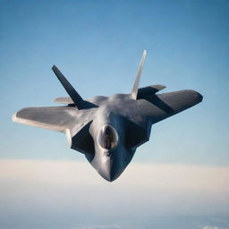 An F-22 Raptor, a state-of-the-art stealth fighter jet, soaring through a clear sky, its streamlined design catching the sunlight.