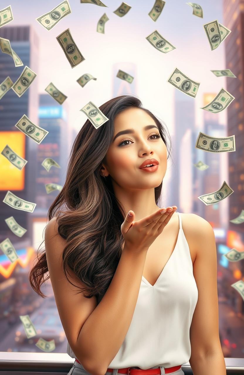 A beautiful young woman blowing a kiss with an enchanting smile, surrounded by floating dollar bills, symbolizing wealth and fortune