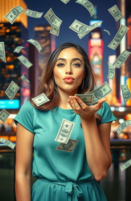 A beautiful young woman blowing a kiss with an enchanting smile, surrounded by floating dollar bills, symbolizing wealth and fortune