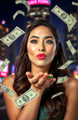 A beautiful young woman blowing a kiss with an enchanting smile, surrounded by floating dollar bills, symbolizing wealth and fortune