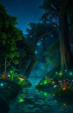 An enchanting enchanted forest at twilight, filled with bioluminescent plants and towering ancient trees