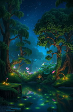 An enchanting enchanted forest at twilight, filled with bioluminescent plants and towering ancient trees