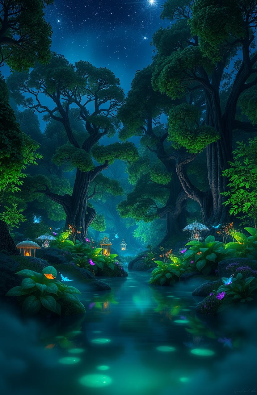 An enchanting enchanted forest at twilight, filled with bioluminescent plants and towering ancient trees