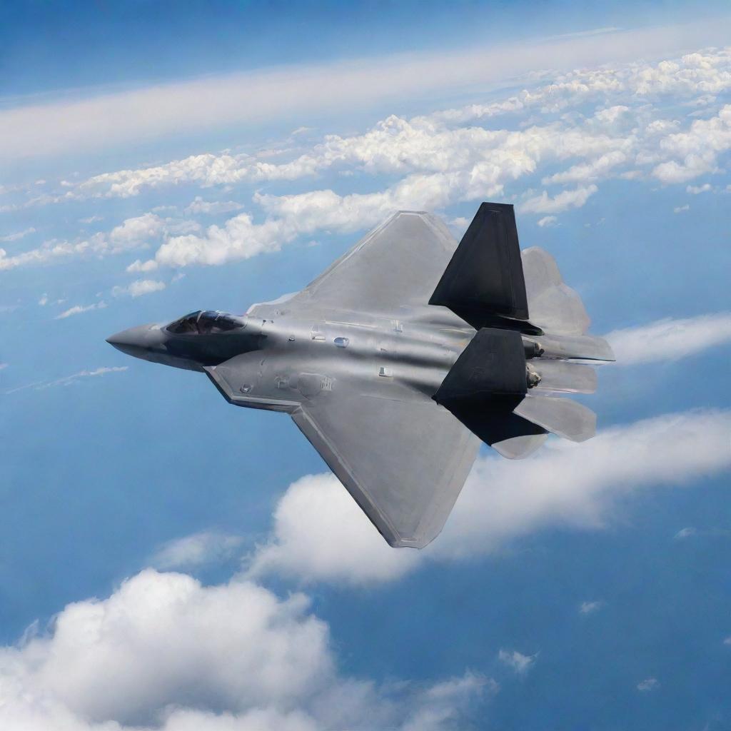 An F-22 Raptor, one of the most advanced stealth fighter jets, cruising at high altitude against a backdrop of wispy clouds and clear blue sky.