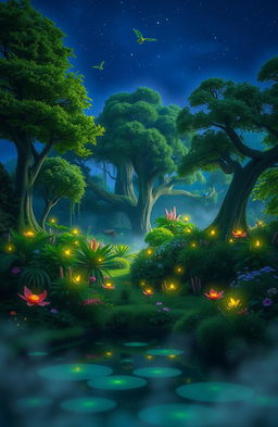 An enchanting enchanted forest at twilight, filled with bioluminescent plants and towering ancient trees