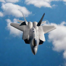 An F-22 Raptor, one of the most advanced stealth fighter jets, cruising at high altitude against a backdrop of wispy clouds and clear blue sky.