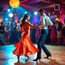 A vibrant dance scene capturing the essence of bachata, featuring a couple gracefully moving to the rhythm, immersed in a colorful atmosphere