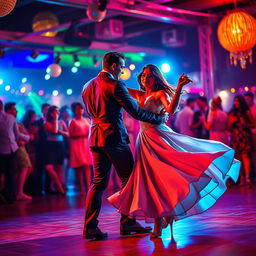 A vibrant dance scene capturing the essence of bachata, featuring a couple gracefully moving to the rhythm, immersed in a colorful atmosphere