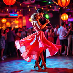 A vibrant dance scene capturing the essence of bachata, featuring a couple gracefully moving to the rhythm, immersed in a colorful atmosphere