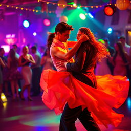 A vibrant dance scene capturing the essence of bachata, featuring a couple gracefully moving to the rhythm, immersed in a colorful atmosphere