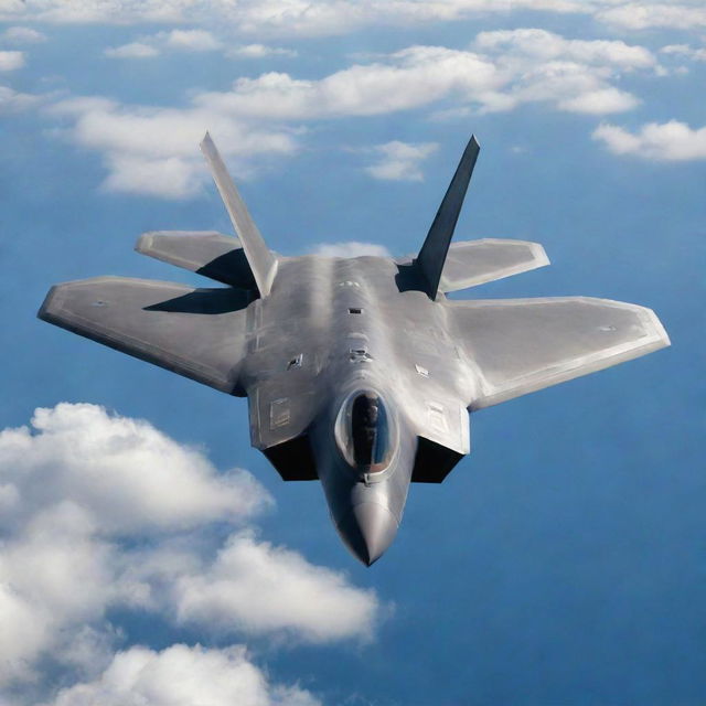 An F-22 Raptor, one of the most advanced stealth fighter jets, cruising at high altitude against a backdrop of wispy clouds and clear blue sky.