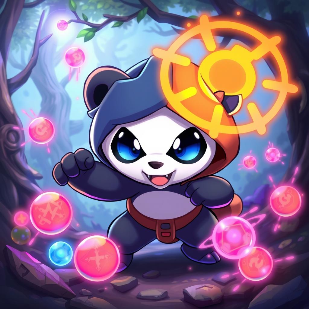 A sneaky panda character depicted as a powerful Pokémon from the guild Deus, with vibrant colors and dynamic features