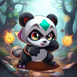 A sneaky panda character depicted as a powerful Pokémon from the guild Deus, with vibrant colors and dynamic features