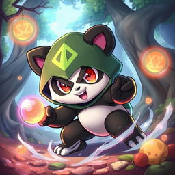 A sneaky panda character depicted as a powerful Pokémon from the guild Deus, with vibrant colors and dynamic features