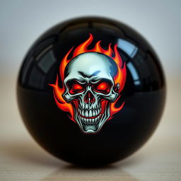 A glossy black billiard ball featuring an intricate design of a flaming skull