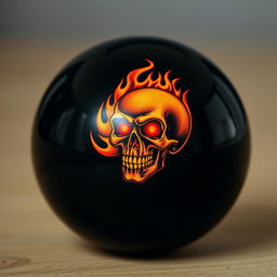 A glossy black billiard ball featuring an intricate design of a flaming skull