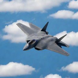 An F-22 Raptor, one of the most advanced stealth fighter jets, cruising at high altitude against a backdrop of wispy clouds and clear blue sky.