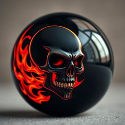 A glossy black billiard ball featuring an intricate design of a flaming skull