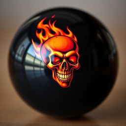 A glossy black billiard ball featuring an intricate design of a flaming skull