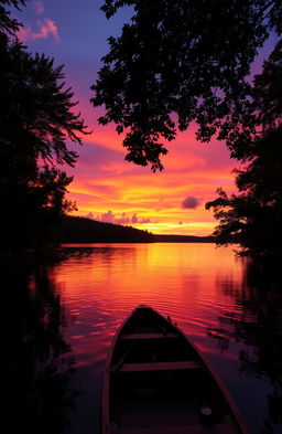 A magnificent sunset over a tranquil lake, with vibrant orange, pink, and purple hues reflecting on the water's surface